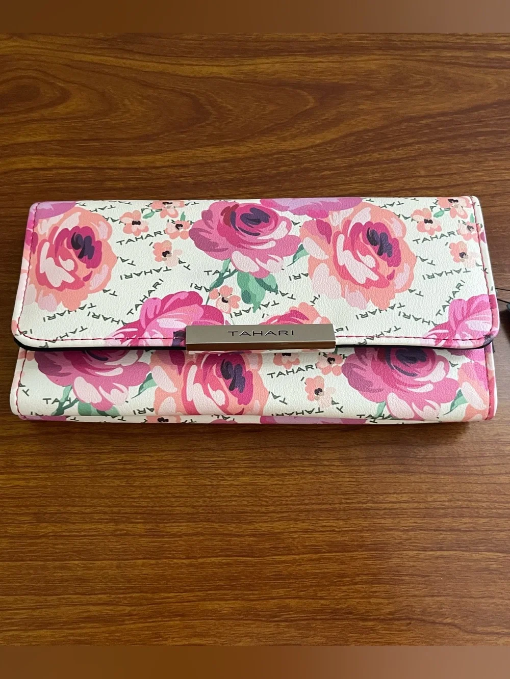 NWT TAHARI Floral Pink Clutch Wallet Rose Faux Leather Vegan Logo Snap RFID